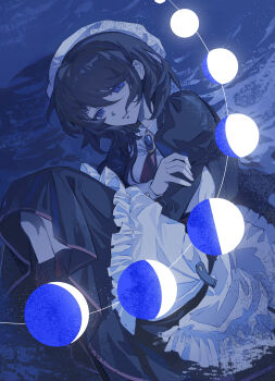 1girl absurdres apron beret black_dress black_socks blue_eyes blue_gemstone blue_theme bob_cut brown_hair crossed_arms dress frilled_apron frilled_socks frills gem hair_between_eyes hat highres jinxiaoyimeng kneehighs maid maid_apron necktie parted_lips puffy_sleeves red_necktie shannon_(umineko) shirt socks solo umineko_no_naku_koro_ni wavy_hair white_apron white_hat white_shirt