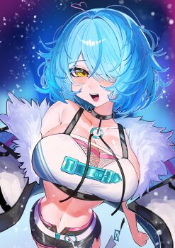 Rule 34 | 1girl, absurdres, ahoge, bare shoulders, black choker, black jacket, black nails, black shorts, blue hair, blush, bra, breasts, choker, cleavage, collarbone, commentary request, crop top, elf, hair between eyes, hair over one eye, heart, heart ahoge, highres, hololive, jacket, large breasts, looking at viewer, navel, official alternate costume, official alternate hairstyle, pointy ears, short hair, shorts, solo, underwear, upper body, virtual youtuber, white bra, yellow eyes, yukihana lamy, yukihana lamy (cyber), yuuppi