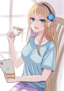 1girl absurdres blonde_hair blue_eyes book chair commentary_request cup hairband heaven_burns_red highres holding holding_book holding_cup long_hair looking_at_viewer on_chair sitting smyin_rii teacup toujou_tsukasa