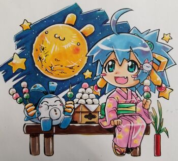 1girl :3 ahoge bi-showjo_figure_convention blue_hair chibi chibi_only closed_eyes closed_mouth commentary_request dango eating fang floating food green_eyes green_sash hair_ribbon highres holding holding_food japanese_clothes kimono kokomahi looking_up mascot medium_hair moon non-humanoid_robot obi official_art on_bench pink_kimono plant ponytail potted_plant print_kimono ribbon robot sanbou sandals sanshoku_dango sash sitting sky smile star_(sky) star_(symbol) star_print starry_sky traditional_media tsukimi tsukimi_dango wagashi yellow_ribbon yukata zouri