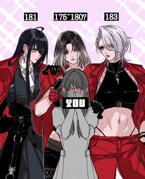 4girls angell_(path_to_nowhere) artist_self-insert black_hair black_shirt blush breasts coat collared_shirt earrings gloves grey_eyes hair_between_eyes jacket jewelry long_hair mamaloni mamaloni_(character) multiple_girls open_mouth pants parted_lips path_to_nowhere rahu_(path_to_nowhere) shirt simple_background upswept_hair yuri zoya_(path_to_nowhere)