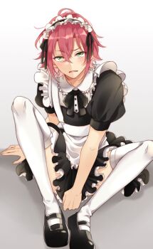 1boy alternate_costume apron arm_at_side arm_between_legs bishounen black_bow black_dress black_shoes bow bow_hairband bowtie close-up covering_privates crossdressing crossdressing_(mtf) double-parted_bangs dress embarrassed enmaided ensemble_stars! fang foot_out_of_frame frilled_apron frilled_hairband frills hair_between_eyes hairband hand_on_floor highres invisible_floor isara_mao knee_up legs_apart maid male_focus male_maid mary_janes on_floor parted_lips peter_pan_collar puffy_short_sleeves puffy_sleeves raised_eyebrow riorrr shoes short_sleeves sitting solo sweatdrop thighhighs trap upturned_eyes waist_apron white_hairband white_thighhighs