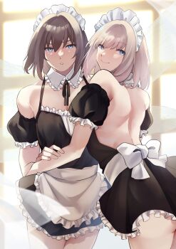2boys absurdres apron ass ass_peek back back_bow back_cutout black_bow black_dress black_ribbon black_sleeves black_straps blonde_hair blue_eyes bow clothing_cutout commentary_request crossdressing crossdressing_(mtf) curtains detached_collar detached_sleeves dress dual_persona fate/grand_order fate_(series) frilled_apron frilled_dress frilled_sleeves frills grey_hair hand_around_waist hand_on_another&#039;s_arm headdress highres insect_wings looking_at_viewer looking_back maid maid_headdress maid_male male_focus male_maid medium_hair multiple_boys oberon_(fate) oberon_(third_ascension)_(fate) parted_lips puffy_short_sleeves puffy_sleeves ribbon sausu_hitori short_dress short_sleeves smile strap sunlight tagme teeth trap waist_apron white_bow white_frills white_headdress white_headwear white_sleeves window wings