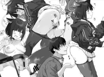 1boy 1girl after_anal anal animal_ears ass bar_censor bent_over blue_archive blunt_bangs blunt_ends blurry blush bob_cut breasts breasts_apart cat_ears cat_girl censored choker closed_mouth clothed_sex clothes_lift clothes_pull commentary_request cowboy_shot cum cum_in_ass depth_of_field embarrassed erection extra_ears faceless faceless_male fang feet_out_of_frame female_pubic_hair from_side furrowed_brow glasses greyscale hair_behind_ear hair_ornament hairclip halo hand_up heigani hetero hood hood_down hoodie kazusa_(blue_archive) kneepits looking_at_viewer looking_back medium_breasts medium_hair miniskirt moaning monochrome multiple_views nipples no_panties open_mouth pantyhose pantyhose_pull penis pleated_skirt profile pubic_hair pussy school_uniform sensei_(blue_archive) short_hair simple_background skirt skirt_lift solo_focus sound_effects speech_bubble sweat taking_picture tears testicles thighs topless_female trembling twitching_penis wavy_mouth white_background