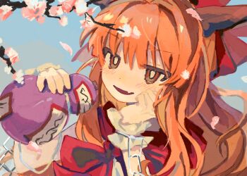 1girl blush bow brown_horns chain cherry_blossoms cherry_tree cuffs falling_petals fang gourd hair_bow hand_on_own_cheek hand_on_own_face highres holding holding_gourd horns ibuki_suika long_hair oni open_mouth orange_hair petals pink_petals red_bow seiryo0425 shackles skin_fang smile solo touhou wrist_cuffs