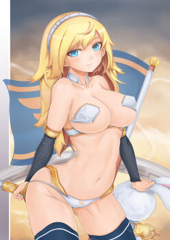 1girl absurdres aqua_eyes bad_id bad_pixiv_id black_thighhighs blonde_hair blush breasts cowboy_shot detached_sleeves female_focus flag hairband highres large_breasts league_of_legends lux_(league_of_legends) navel oni-noboru panties revision solo stuffed_animal stuffed_toy teemo thighhighs underwear white_panties