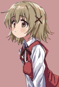 1girl blush brown_background brown_eyes brown_hair closed_mouth collared_shirt commentary hair_ornament hidamari_sketch highres long_sleeves neck_ribbon pocchari red_ribbon red_vest ribbon school_uniform shirt short_hair simple_background solo upper_body vest white_shirt x_hair_ornament yamabuki_high_school_uniform yuno_(hidamari_sketch)