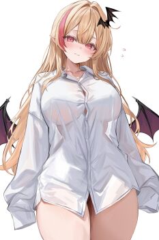 1girl aqwaau bat_wings black_wings blonde_hair blush breasts button_gap buttons closed_mouth collarbone commentary double-parted_bangs english_commentary flying_sweatdrops hair_between_eyes hair_intakes hair_ornament head_tilt highres kou_mariya large_breasts long_sleeves looking_at_viewer mole mole_under_eye multicolored_hair naked_shirt pink_hair pink_streaks pointy_ears shirt simple_background sleeves_past_fingers sleeves_past_wrists solo standing straight-on streaked_hair thighs v4mirai vampire virtual_youtuber wavy_mouth white_background white_shirt wing_hair_ornament wings