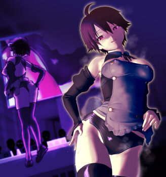 1girl 2equal8 antenna_hair apron apron_lift bare_back black_shorts black_sleeves black_thighhighs blush brown_eyes brown_hair clothes_lift covered_erect_nipples crowd detached_sleeves dream_c_club dream_c_club_(series) hair_between_eyes hand_on_own_hip heel_up highres licking_lips lifting_own_clothes midriff_peek multiple_views nao_(dream_c_club) narrowed_eyes nervous_sweating nose_blush pink_pupils shoes short_hair short_shorts shorts stage sweat thighhighs tomboy tongue tongue_out very_sweaty zettai_ryouiki