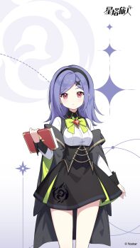 Rule 34 | 1girl, black hairband, black jacket, black skirt, book, bow, bowtie, breasts, chinese commentary, commentary request, copyright logo, copyright notice, cowboy shot, flipped hair, framed breasts, green bow, green bowtie, hairband, high-waist skirt, highres, holding, holding book, iris (stella sora), iris (united harvest) (stella sora), jacket, logo, long hair, medium breasts, miniskirt, off shoulder, official art, parted bangs, pink eyes, purple background, purple hair, shirt, skirt, solo, sparkle hair ornament, standing, stella sora, white shirt