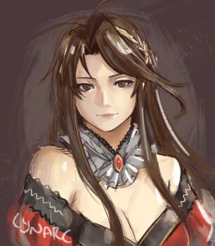 1girl bare_shoulders breasts brown_eyes brown_hair cleavage dress fire_emblem fire_emblem:_mystery_of_the_emblem fire_emblem_cipher highres large_breasts looking_at_viewer lynarc nintendo red_dress sheena_(fire_emblem) smile solo upper_body