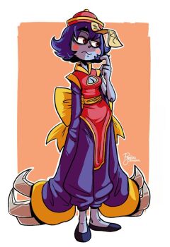 1girl 2013 arm_at_side arm_up artist_name baggy_pants black_shoes blue_skin blush_stickers bow breasts capcom chinese_clothes claw_(weapon) claws cleavage colored_skin commentary darkstalkers dress english_commentary eyebrows_hidden_by_hair flats flipped_hair full_body ghost hat head_tilt hsien-ko index_finger_raised jiangshi long_sleeves looking_at_viewer mandarin_collar medium_breasts mitssch ofuda orange_background outline pants pink_eyes purple_hair qingdai_guanmao sash second-party_source shoes short_hair simple_background toon_(style) waist_bow weapon yellow_bow yellow_eyes yellow_sash