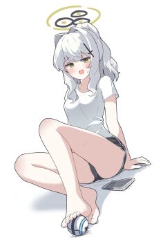 1girl absurdres ball bare_legs barefoot black_shorts blue_archive blush breasts cellphone cross_hair_ornament dolphin_shorts feet full_body green_eyes grey_hair hair_intakes hair_ornament halo hare_(blue_archive) highres legs long_hair looking_at_viewer mureniii open_mouth phone ponytail shirt short_shorts short_sleeves shorts simple_background sitting smartphone solo sweat thighs toes white_background white_hair white_shirt