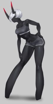 1girl absurdres android black_skin blunt_bangs breasts colored_skin echanis_enicha gradient_horns grey_background grey_sports_bra hair_over_eyes hand_on_own_hip highres horns light_smile multicolored_horns navel no_feet original red_horns red_lips short_hair short_shorts shorts solo sports_bra white_hair