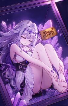 1girl 67_(meme) ass barefoot black_corset chest_jewel commentary_request corset crystal detached_collar dress feet gem grey_hair highres hololive hololive_english hugging_own_legs jewel_under_eye knees_up koseki_bijou koseki_bijou_(1st_costume) long_hair lying material_growth meme nail_polish on_back panties purple_eyes purple_gem purple_nails rabkong0903 sad sale short_dress sitting soles solo thighs tiara toenail_polish toenails toes underwear very_long_hair virtual_youtuber white_dress white_panties