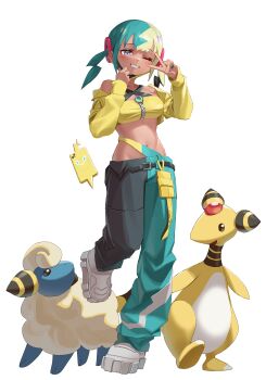 1girl absurdres ampharos aqua_hair aqua_nails bandeau belt black_belt black_hair blonde_hair blush breasts canari_(pokemon) cellphone commentary cropped_jacket dark-skinned_female dark_skin eyelashes fingernails full_body gen_2_pokemon gen_4_pokemon hanho highres jacket long_sleeves mareep mask mask_pull mega_stone midriff mouth_mask multicolored_hair multicolored_nails nail_polish navel nintendo one_eye_closed open_clothes open_jacket pants phone pokemon pokemon_(creature) pokemon_legends:_z-a rotom rotom_phone shoes simple_background single_bare_shoulder single_off_shoulder smartphone smile split-color_clothes split-color_hair standing standing_on_one_leg twintails two-tone_nails two-tone_pants v white_background white_shoes yellow_bandeau yellow_jacket yellow_nails zipper