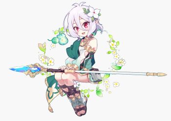 1girl antenna_hair armlet bare_shoulders blush bracelet breasts detached_sleeves dress elf flower green_dress hair_between_eyes hair_flower hair_ornament highres jewelry kokkoro_(princess_connect!) leaf long_sleeves looking_at_viewer negi_(ulog'be) open_mouth pendant pink_eyes pointy_ears princess_connect! puffy_long_sleeves puffy_sleeves sandals short_hair sidelocks sleeveless sleeveless_dress small_breasts smile solo staff white_hair
