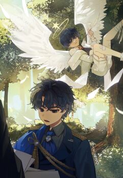 2boys alternate_costume angel bandaged_ankle bandaid bandaid_on_knee bandaid_on_leg black_eyes black_hair black_shirt blue_vest brooch chain child commentary_request day easel falling_feathers falling_paper feathered_wings feathers floating forest frills grey_shirt halo highres holding holding_feather jacket jacket_partially_removed jewelry kim_dokja male_focus multiple_boys nature omniscient_reader&#039;s_viewpoint open_mouth outdoors paper sanjinmogufufu shirt short_hair shorts talking tree vest white_jacket white_shorts white_wings wings yoo_joonghyuk