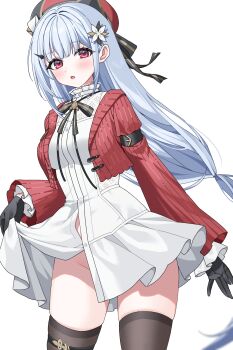 1girl beret black_gloves black_ribbon black_thighhighs blue_eyes blush breasts buttons clothes_lift commentary_request cropped_jacket dress dutch_angle flower freesia_(flower) freesia_(stella_sora) freesia_(the_gift_of_falling_snow)_(stella_sora) frilled_sleeves frills gloves gold_trim groin hair_flower hair_ornament hat hayami_kaname highres jacket long_hair long_sleeves looking_at_viewer medium_breasts neck_ribbon no_panties open_clothes open_jacket open_mouth red_eyes red_hat red_jacket ribbon short_dress sidelocks simple_background skirt skirt_lift solo standing stella_sora thighhighs thighs very_long_hair white_background white_dress