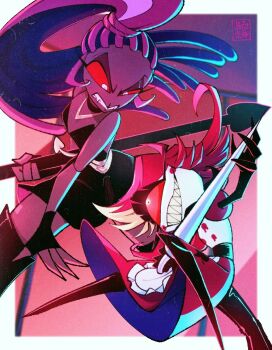 Rule 34 | 2girls, black dress, blonde hair, colored inner hair, commentary request, dark-skinned female, dark skin, dress, fighting, hazbin hotel, hellaverse, highres, korean commentary, kurotake ihi, long hair, multicolored hair, multiple girls, niffty (hazbin hotel), one-eyed, pink hair, red hair, streaked hair, traditional media, velvette (hazbin hotel), white hair