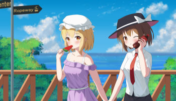 2girls :t absurdres bare_shoulders black_hat black_skirt blonde_hair blush bottle bow breast_pocket breasts bridge brown_eyes brown_hair cleavage closed_mouth cloud cloudy_sky coca-cola collared_shirt day direction_board dress drink eating food frilled_dress frills fruit hair_between_eyes hat hat_bow highres holding holding_bottle holding_drink holding_hands looking_at_viewer maribel_hearn mob_cap multiple_girls necktie ocean one_eye_closed pocket purple_dress railing red_necktie sash shiro_(user_1048334293) shirt short_hair short_sleeves skirt sky soda_bottle strap touhou tree usami_renko watermelon watermelon_slice white_bow white_hat white_sash white_shirt yellow_eyes
