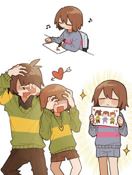 3others =_= absurdres androgynous arrow_through_heart blue_shorts blue_sweater blunt_bangs brown_hair brown_pants brown_shorts chara_(undertale) child child's_drawing closed_eyes covered_eyes crayon crayon_drawing deltarune drawing_(action) drawing_(object) facing_viewer feet_out_of_frame frisk_(undertale) green_sweater hands_on_own_face hands_up heart heart_pendant highres holding holding_crayon holding_drawing jewelry kris_(deltarune) long_sleeves multiple_others musical_note no_nose open_mouth other_focus pants pendant scared sequential shaded_face short_hair shorts simple_background smile sparkle standing sweater tadeno undertale utdr_(toby_fox) white_background