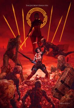 1girl absurdres adler_(signalis) armor baloolax black_hair blood blood_on_clothes blood_on_face breastplate commentary corrupted_ara_(signalis) corrupted_eule_(signalis) corrupted_storch_(signalis) doom_(series) doom_cover_parody elster_(signalis) english_commentary english_text falke_(signalis) finger_on_trigger gun guro hair_over_one_eye highres holding holding_gun holding_knife holding_weapon knife laser_sight official_alternate_costume one_man_army pale_skin parody red_theme rifle rip_and_tear_(phrase) short_hair signalis solo_focus surrounded variant_set weapon zombie