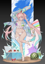 1girl :d absurdres airani_iofifteen airani_iofifteen_(holonatsu_paradise) barefoot bikini blue_hair blue_sky bow_hairband breasts commentary cooler crab criss-cross_halter day english_commentary feet food frilled_bikini frills fruit full_body gradient_hair hairband halterneck highleg highleg_bikini highres holding holding_water_gun hololive hololive_indonesia jacket jacket_over_swimsuit large_breasts long_hair long_sidelocks looking_at_viewer multi-strapped_bikini_top multicolored_hair official_alternate_costume official_alternate_hairstyle open_mouth paint_splatter pink_hair pink_hairband planted planted_surfboard pouch purple_eyes side-tie_bikini_bottom sidelocks sky smile solo standing standing_on_one_leg stomach surfboard swimsuit teeth thigh_pouch tiptoes toes twintails two-tone_hairband upper_teeth_only very_long_hair virtual_youtuber water_gun watermelon white_bikini white_hairband white_jacket zetsuental