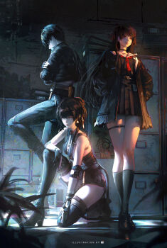 1boy 2girls absurdres artist_name bare_shoulders black_ahir black_boots black_choker black_dress black_hair black_jacket black_pants black_serafuku black_shirt black_shoes black_skirt black_socks black_thighhighs boots breasts chisa_(wuthering_waves) choker closed_mouth commentary dress dual_persona earrings elbow_pads english_commentary female_rover_(wuthering_waves) hair_ribbon high_heel_boots high_heels highres jacket jewelry long_hair long_sleeves looking_at_viewer male_rover_(wuthering_waves) medium_breasts multiple_girls neckerchief pants red_eyes red_neckerchief red_ribbon ribbon rover_(wuthering_waves) sailor_collar school_uniform serafuku shirt shoes skirt sleeveless sleeveless_dress socks thigh_boots thighhighs thighhighs_under_boots thighs triangle_earrings ui_uiiiiiiiii white_sailor_collar wuthering_waves yellow_eyes yellow_ribbon