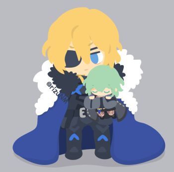 1boy 1girl armor belt belt_buckle black_armor black_belt blonde_hair blue_eyes buckle carrying closed_eyes commentary_request dimitri_alexandre_blaiddyd dimitri_alexandre_blaiddyd_(timeskip) eyepatch female_byleth_(awakened)_(fire_emblem) female_byleth_(fire_emblem) fire_emblem fire_emblem:_three_houses green_hair grey_background hair_between_eyes looking_to_the_side male_focus medium_hair mini_person minigirl nintendo official_alternate_hair_color one_eye_covered rizu_(rizunm) sideways_glance simple_background solo_focus standing u_u