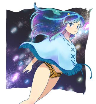 01angelegg 1girl animal_print bikini blue_eyes blue_eyeshadow blue_poncho commentary cone_horns dutch_angle eyeshadow fish flying_fish glowing green_hair highres horns looking_at_viewer looking_to_the_side lum makeup male_focus oni poncho print_bikini solo space standing star_(sky) swimsuit thighs tiger_print urusei_yatsura