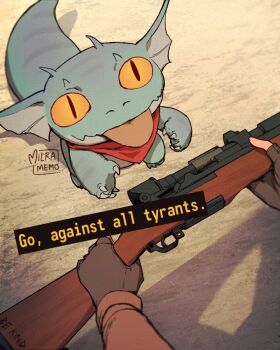 Rule 34 | chibi, claws, courier (fallout: new vegas), fallout: new vegas, fallout, fingerless gloves, gecko, gloves, go do a crime (meme), gun, looking up, m1 garand, meme, milramemo, neckerchief, rifle, sand, scope, shadow, signature, tongue, tongue out, weapon, yellow eyes