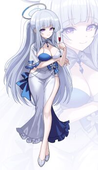 1girl absurdres alternate_costume blue_archive breasts capelet commentary_request cup dress drinking_glass grey_hair halo high_heels highres holding holding_cup kyundoo large_breasts long_dress long_hair looking_at_viewer mechanical_halo noa_(blue_archive) purple_eyes side_slit smile very_long_hair white_capelet white_dress zoom_layer