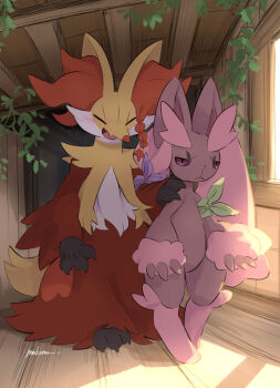 2others alternate_color bandana black_sclera braid claws closed_eyes closed_mouth colored_sclera delphox fang frown furry gen_4_pokemon gen_6_pokemon highres lopunny makoto_ikemu multiple_others nintendo open_mouth pokemon pokemon_(creature) pokemon_mystery_dungeon red_eyes shiny_pokemon single_braid smile standing