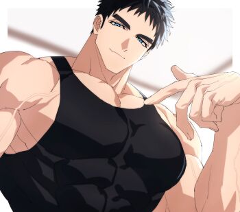 1boy bara black_hair black_tank_top black_vest blue_eyes closed_mouth domo_(domo_kizusuki) highres kokado_shido_(domo) large_pectorals light_smile looking_at_viewer male_focus muscular muscular_male non-web_source original pectorals penis pointing pointing_at_self solo tank_top tareme thick_eyebrows veins veiny_arms vest
