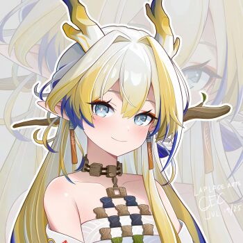 Rule 34 | 1girl, arknights, artist name, bare shoulders, blonde hair, blue hair, bright pupils, closed mouth, commentary, dated, diamond-shaped pupils, diamond (shape), dragon girl, dragon horns, earrings, english commentary, eyeliner, hair between eyes, hair intakes, highres, horns, jewelry, laplace arts, light blush, long hair, looking at viewer, makeup, multicolored hair, necklace, off shoulder, orange eyeliner, outline, pointy ears, shu (arknights), smile, solo, symbol-shaped pupils, white hair, white outline, white pupils, zoom layer
