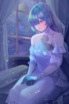 Rule 34 | 1girl, bandage over one eye, bare shoulders, black gloves, breasts, commentary request, dress, gloves, grey eyes, grey hair, highres, indoors, long hair, medium breasts, musical note ornament, phrolova (wuthering waves), shikuwata, sitting, solo, white dress, window, wuthering waves