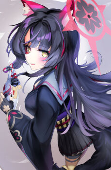 1girl absurdres animal_ear_fluff animal_ears black_gloves black_hair black_kimono black_nails black_skirt blue_archive blush bow colored_inner_hair commentary fingerless_gloves fox_ears fox_girl fox_tail gloves grey_sailor_collar hair_between_eyes halo heart heart-shaped_pupils highres japanese_clothes kimono long_hair looking_at_viewer multicolored_hair nanashi_e1 open_mouth pleated_skirt red_hair red_halo sailor_collar skirt solo symbol-shaped_pupils tail tail_bow tail_ornament thigh_strap two-tone_hair wakamo_(blue_archive) yellow_bow yellow_eyes