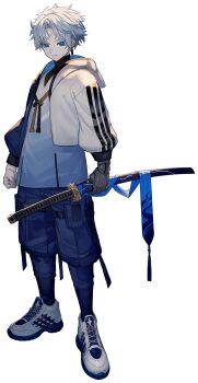 1boy blue_eyes blue_shorts clenched_hand cropped_jacket earrings fate/grand_order fate_(series) full_body highres holding holding_sword holding_weapon jacket jewelry katana lack looking_at_viewer male_focus official_art outline prosthesis prosthetic_arm scar scar_on_face scar_on_forehead second-party_source shirt shoes short_hair shorts sneakers solo standing sword toudou_heisuke_(fate) transparent_background turtleneck weapon white_hair white_jacket white_outline white_shirt white_shoes