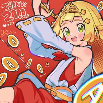 1girl alternate_costume blonde_hair blush braid green_eyes highres holding holding_mallet japanese_clothes kimono kine kinocopro lillie_(pokemon) long_hair looking_at_viewer mallet nintendo open_mouth pokemon pokemon_sm red_kimono sleeveless sleeveless_kimono smile solo tiara white_kimono