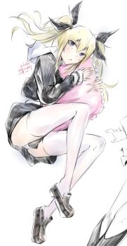 1girl 1other black_shoes blonde_hair blue_eyes blush chaos;child commentary_request dress full_body hair_ribbon hugging_object loafers long_hair long_sleeves looking_at_viewer lying on_side panties pillow ribbon school_uniform science_adventure shoes short_dress signature simple_background skirt thighhighs twintails underwear white_background white_panties white_thighhighs yakku