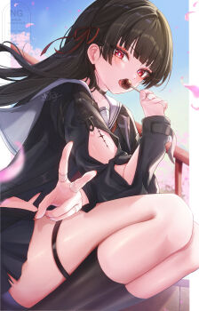 1girl absurdres arm_cutout black_choker black_hair black_jacket black_socks blue_sky candy chisa_(wuthering_waves) choker clothing_cutout collarbone commentary_request day fingernails food hair_ribbon highres holding holding_candy holding_food holding_lollipop jacket licking lollipop long_hair long_sleeves looking_at_viewer mole mole_under_eye netarou_(netarou_25) outdoors red_eyes red_ribbon ribbon sailor_collar sky socks solo squatting tacet_mark_(wuthering_waves) thigh_strap thighs v watermark white_sailor_collar wuthering_waves