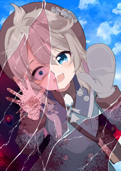 Rule 34 | 1girl, absurdres, against glass, bag, bags under eyes, bell, beret, blood, blue eyes, blue sky, brown hat, brown shirt, character request, coat, commentary request, constricted pupils, copyright request, crack, cracked glass, grey coat, grey hair, grey mittens, happy, hat, highres, horror (theme), light blush, looking at viewer, medium hair, mittens, neck bell, open mouth, scared, shirt, shoulder bag, sidelocks, sky, solo, split theme, teeth, upper teeth only, wasabi kiritan