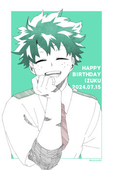 1boy absurdres boku_no_hero_academia border character_name closed_eyes collared_shirt dated freckles green_hair greyscale_with_colored_background hand_on_own_face happy_birthday head_rest highres male_focus midoriya_izuku multiple_scars navyou38 open_mouth outside_border scar scar_on_arm scar_on_hand school_uniform shirt short_hair smile solo teeth u.a._school_uniform white_border