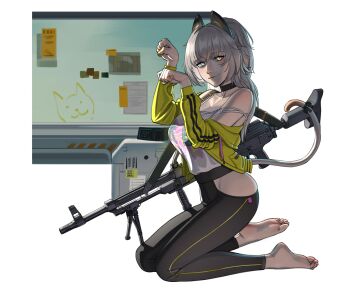 1girl absurdres animal_ears barefoot black_bow black_choker black_pants blue_eyes bow breasts camisole cat_tail choker closed_mouth clothing_cutout commentary fake_animal_ears feet from_side girls'_frontline girls'_frontline_2:_exilium gun gun_sling heterochromia highres hip_vent jacket kneeling large_breasts long_hair looking_at_viewer machine_gun off_shoulder official_alternate_costume pants paw_pose peritya_(born_huntress)_(girls'_frontline_2) peritya_(girls'_frontline_2) pkp_pecheneg puto_trash soles solo tail tail_bow tail_ornament toes weapon white_background white_camisole white_hair window yellow_eyes yellow_jacket