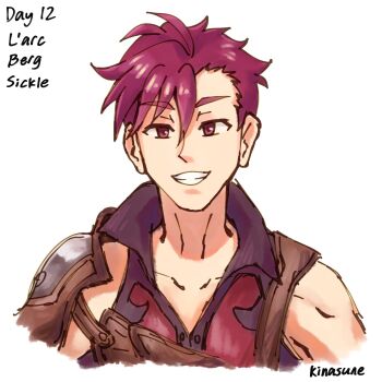 Rule 34 | 1boy, armor, artist name, breastplate, brown armor, brown shirt, character name, collarbone, commentary, cropped torso, english commentary, english text, grey armor, grin, hair between eyes, highres, kinasune, l'arc berg sickle, leather armor, looking at viewer, male focus, messy hair, open mouth, pauldrons, red eyes, red hair, red shirt, shirt, short hair, shoulder armor, signature, simple background, single pauldron, sleeveless, sleeveless shirt, smile, solo, straight-on, tate no yuusha no nariagari, teeth, two-tone armor, two-tone shirt, upper body, white background