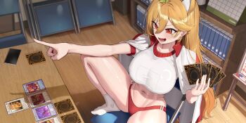 1girl absurdres animal_ears annotated bookshelf breasts brown_hair buruma card card_game commission duel_(yu-gi-oh!) extra_ears fox_ears goback gym_shirt hair_between_eyes highres holding holding_card jacket jacket_on_shoulders large_breasts long_hair navel open_mouth original playing_games pointing red_buruma red_eyes shirt sitting solo spread_legs yu-gi-oh!
