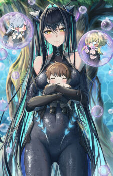 3girls absurdres aqua_hair black_bodysuit black_gloves black_hair blonde_hair blush bodysuit breasts bubble character_doll chibi cinderella_(beautiful_me)_(nikke) cinderella_(nikke) closed_mouth clothing_cutout colored_inner_hair commander_(nikke) commentary covered_collarbone covered_navel cowboy_shot crying doll fingerless_gloves glasses gloves glowstick gluteal_fold goddess_of_victory:_nikke grave_(beautiful_you)_(nikke) grave_(nikke) grey_hair hair_between_eyes hair_intakes hair_over_one_eye highres holding holding_doll holding_glowstick honeycomb_(pattern) honeycomb_print little_mermaid_(nikke) long_hair looking_at_viewer medium_breasts multicolored_hair multiple_girls penlight_(glowstick) red_eyes shoulder_cutout skin_tight smile solo_focus standing streaming_tears tears tree two-tone_hair two_side_up usa_tanuki very_long_hair yellow_eyes