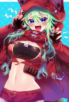 1girl :d abc03219 black_bra black_gloves blue_eyes blush bra breasts cape character_request cleavage fingerless_gloves gloves green_hair groin hair_between_eyes hood hood_up hooded large_breasts long_hair midriff navel open_mouth red_cape smile solo stomach tokyo_necro underwear upper_body v-shaped_eyebrows