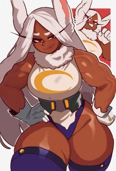 1girl animal_ears belt boku_no_hero_academia cowboy_shot crescent_print dark-skinned_female dark_skin gloves hand_on_own_hip heattech_leotard highres leotard long_eyelashes long_hair mirko multiple_views muscular muscular_female purple_thighhighs rabbit_ears rabbit_girl rabbit_tail red_eyes smile snailbrunch solo tail taut_leotard thick_thighs thighhighs thighs turtleneck white_background white_gloves white_leotard